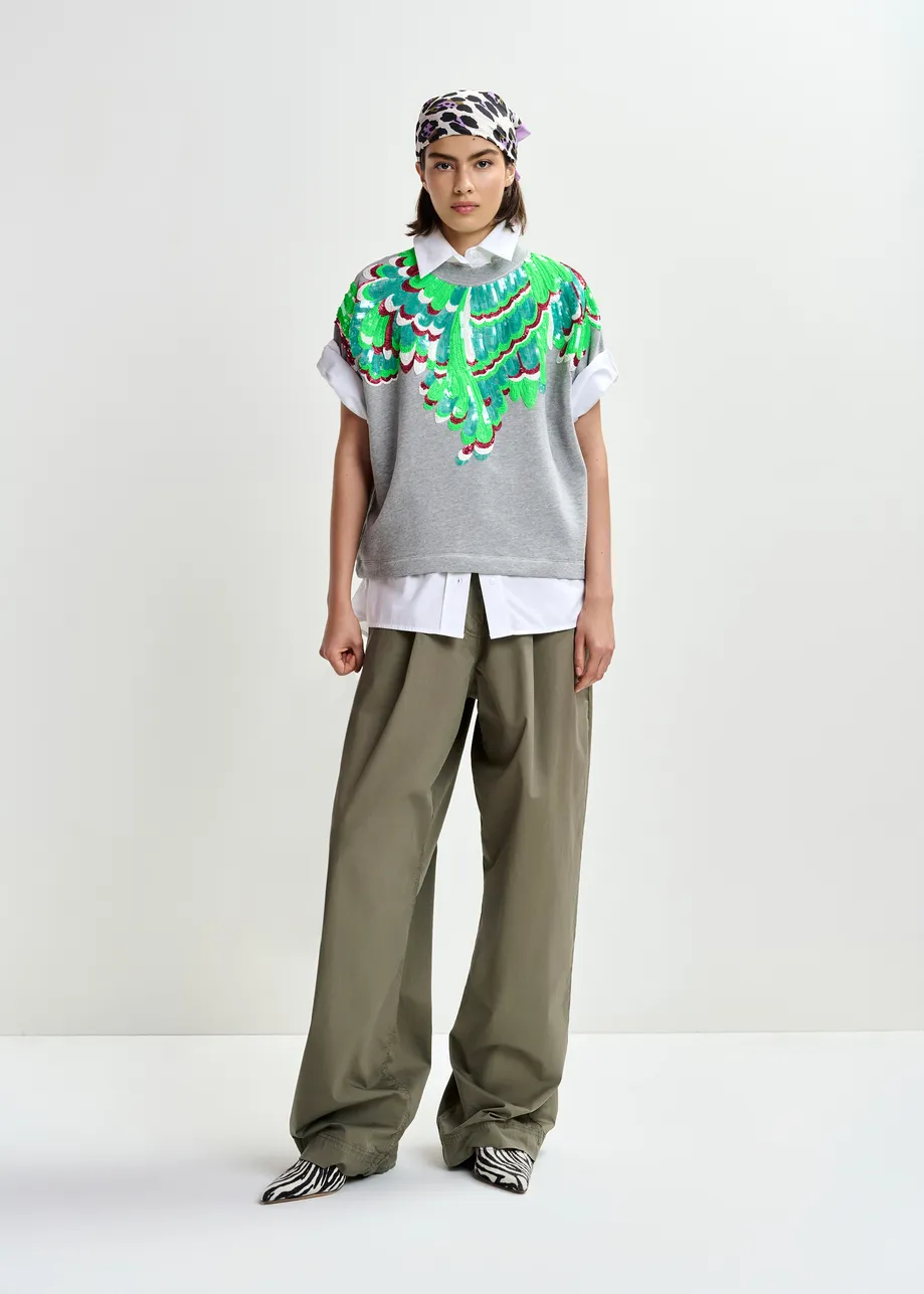 Sudadera de algodón con adornos de plumas, gris