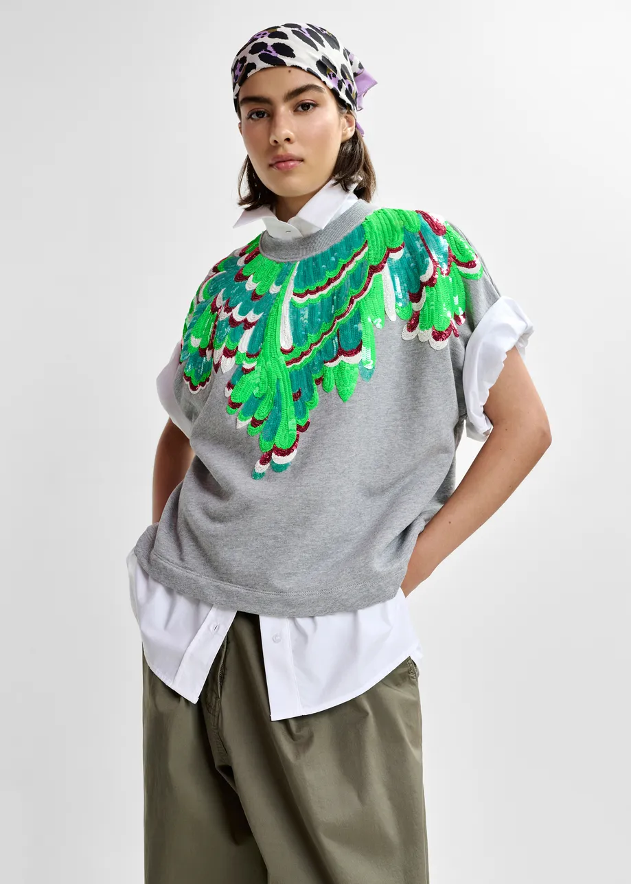 Sudadera de algodón con adornos de plumas, gris