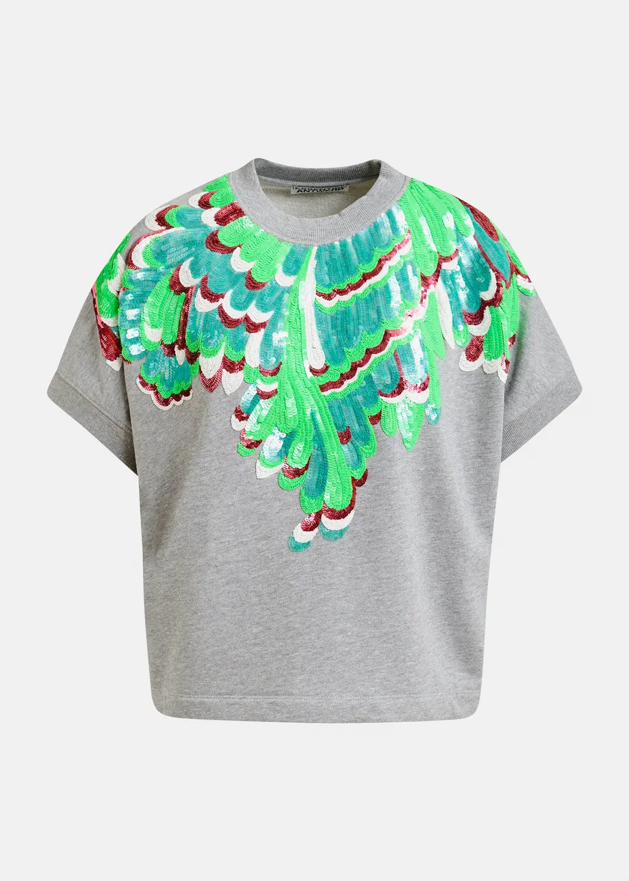 Grey cotton sweatshirt with multicolor feather embellishments