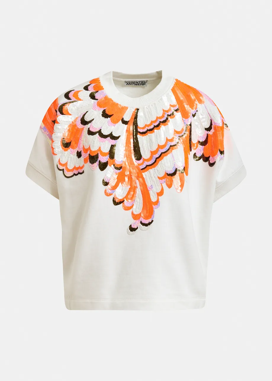 Sudadera de algodón con adornos de plumas, blanco roto