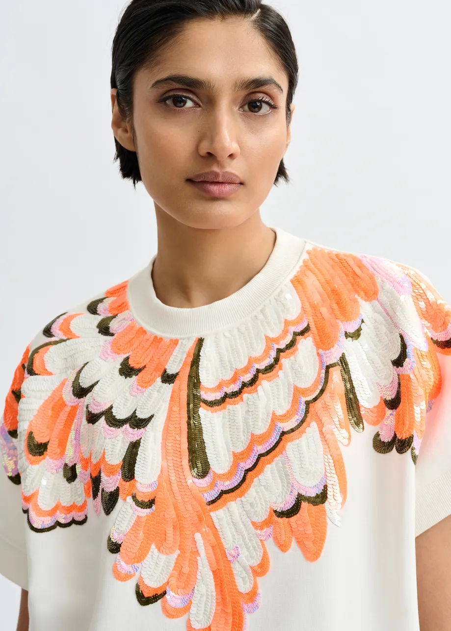 Sudadera de algodón con adornos de plumas, blanco roto