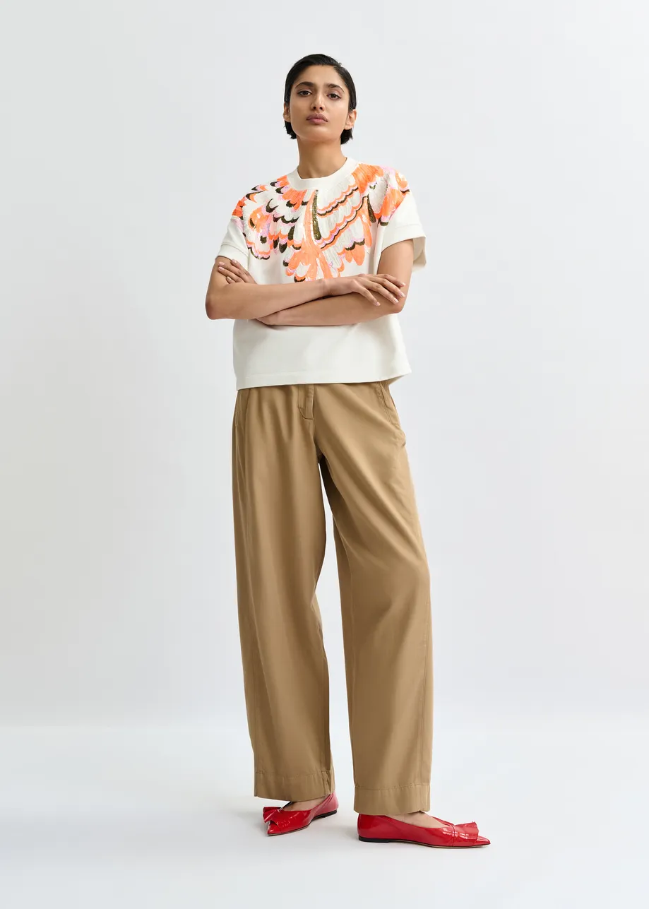 Sudadera de algodón con adornos de plumas, blanco roto