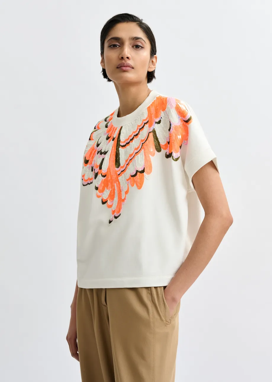 Sudadera de algodón con adornos de plumas, blanco roto