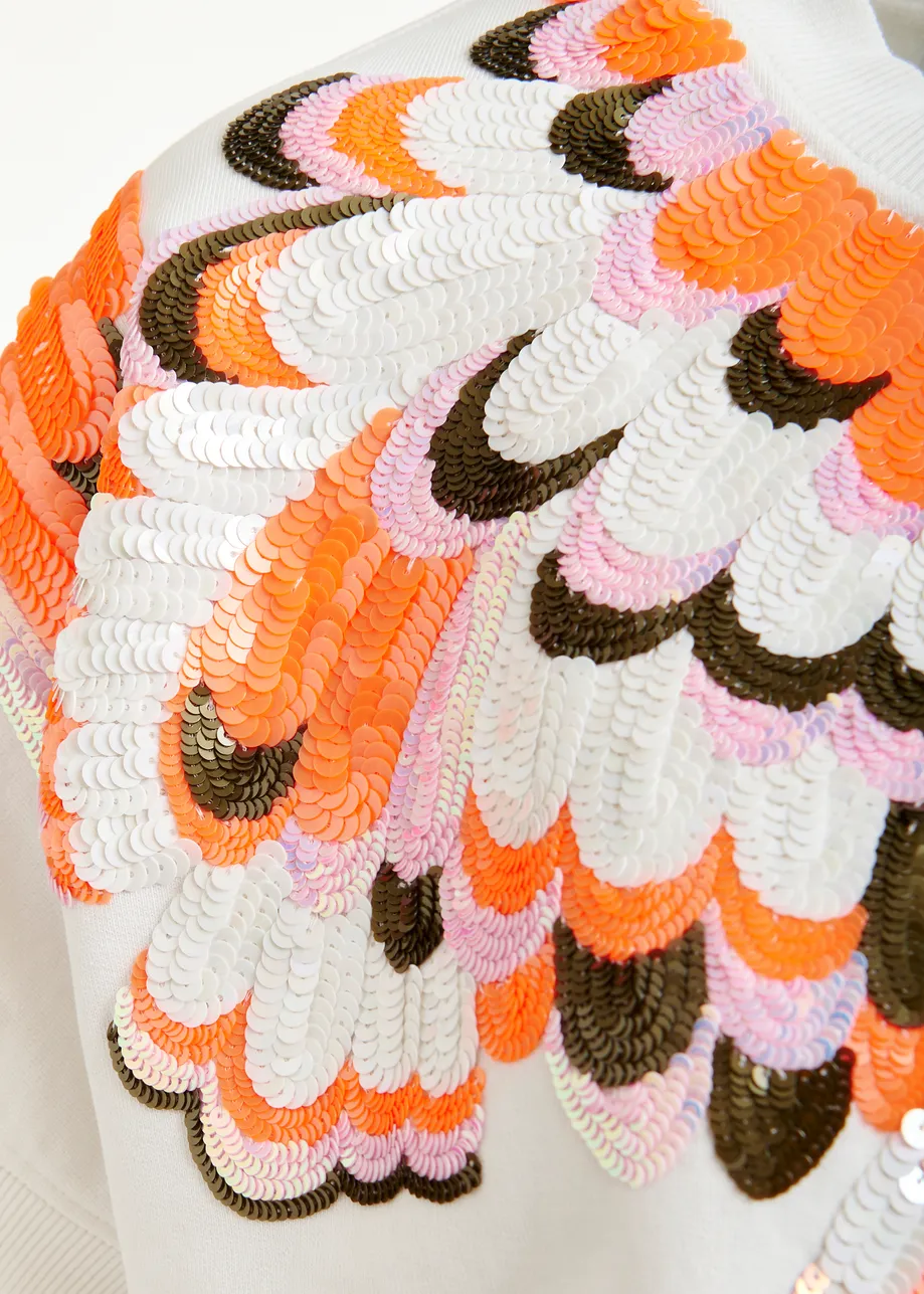 Sudadera de algodón con adornos de plumas, blanco roto