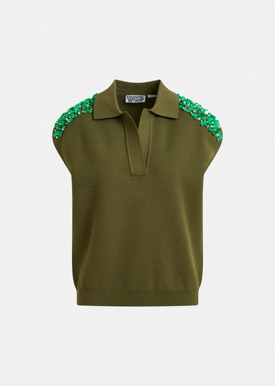 Khaki sleeveless polo with green embellished shoulders