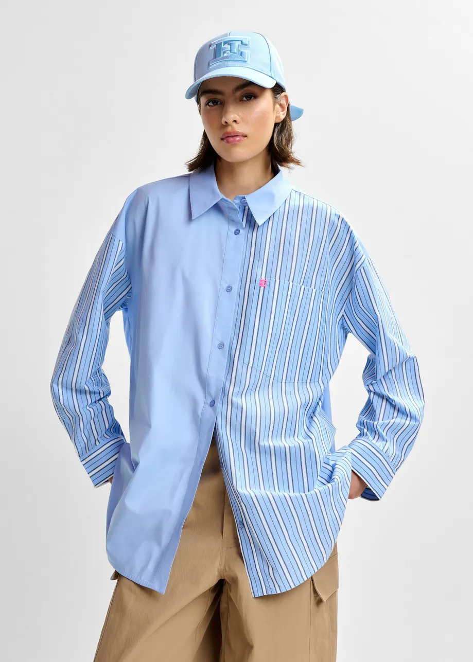 Light blue, dark blue and white striped panel detail cotton shirt
