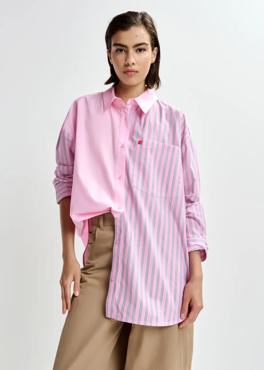 Lichtroze en lichtblauw overhemd met gestreepte inzetstukken