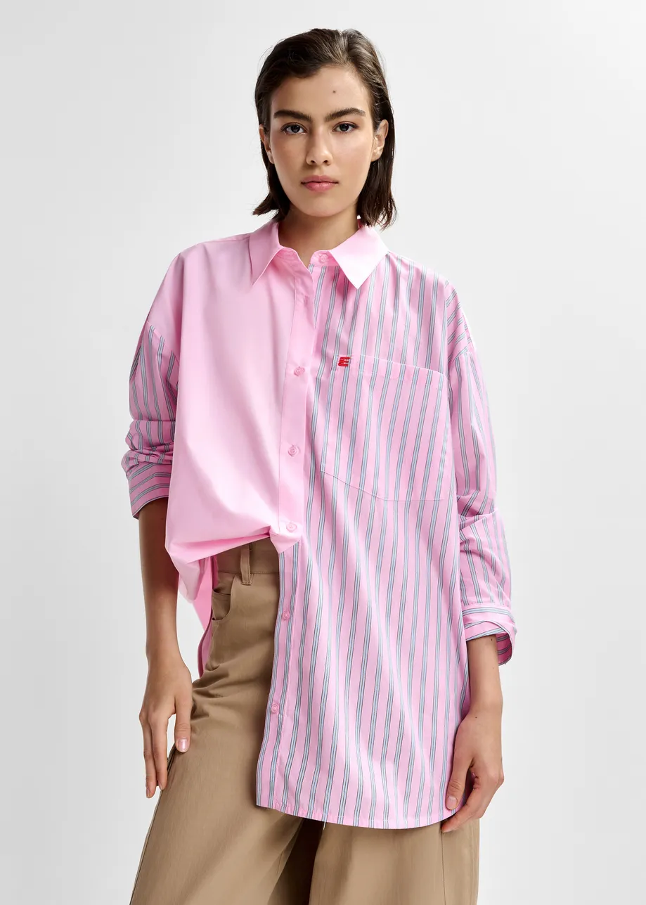 Light pink and light blue striped panel detail cotton shirt