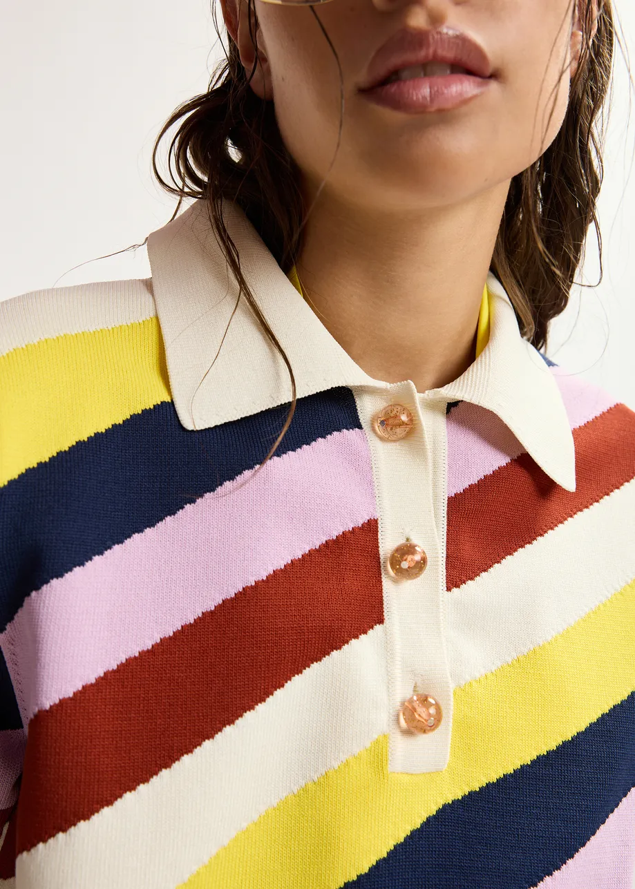 Polo in maglia a righe multicolor e bianco ottico con bottoni a contrasto