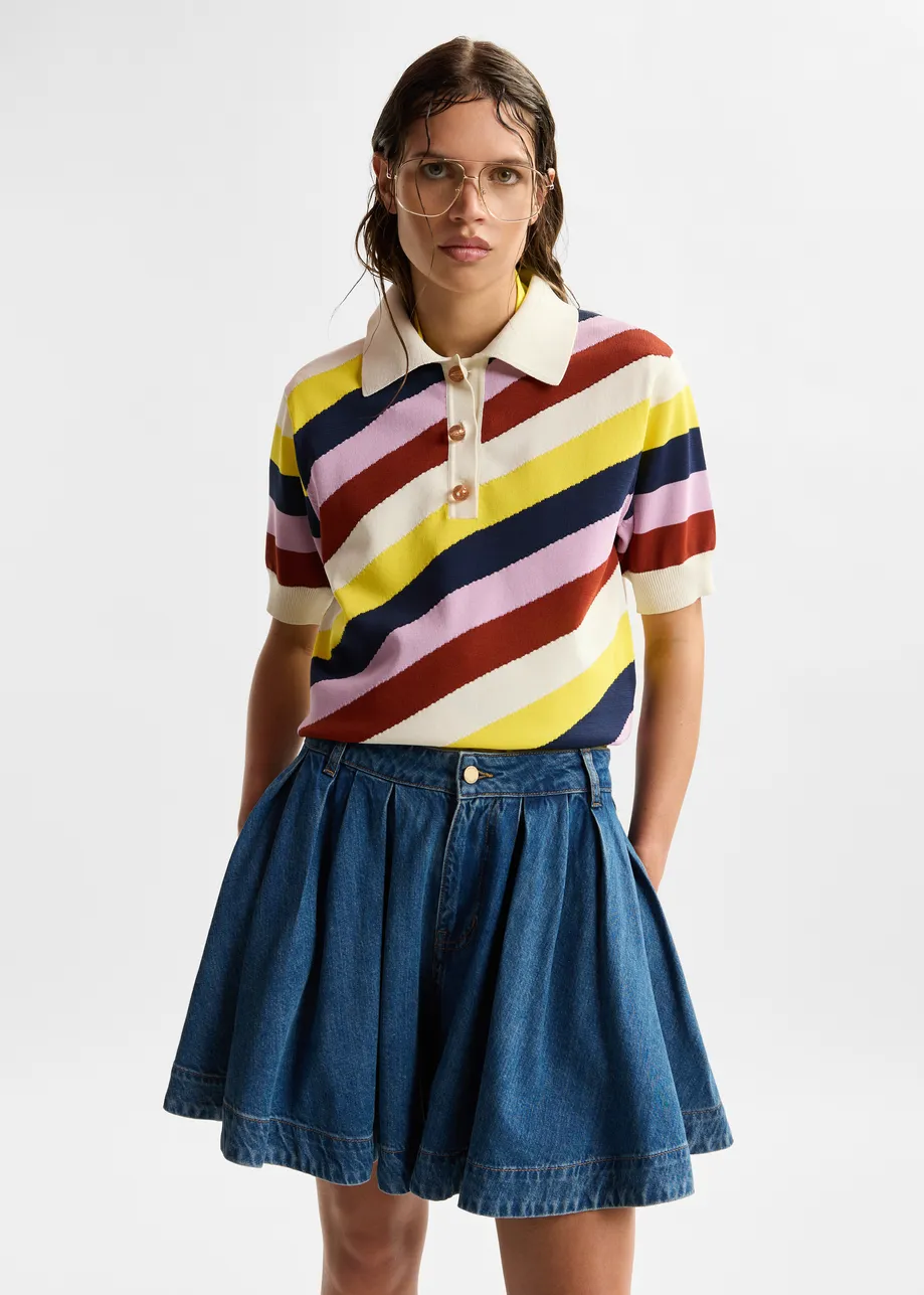 Off-white and multicolor striped knit polo with constrasting buttons