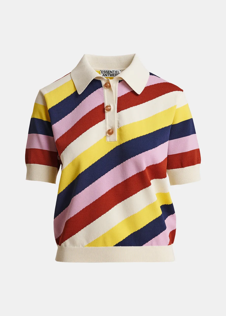 Off-white and multicolor striped knit polo with constrasting buttons