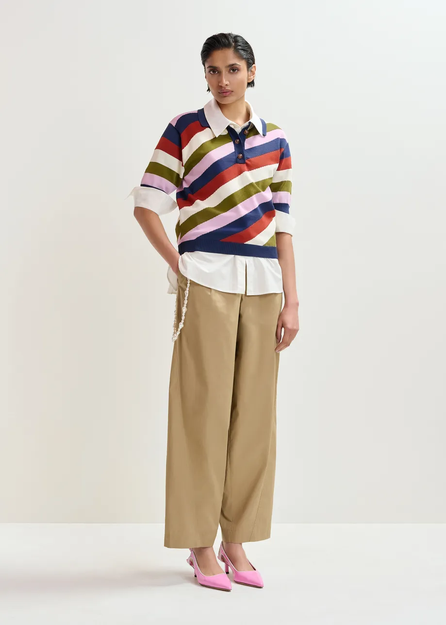 Gestreiftes Strick-Polohemd in Marineblau und Mehrfarbig mit Knopfleiste