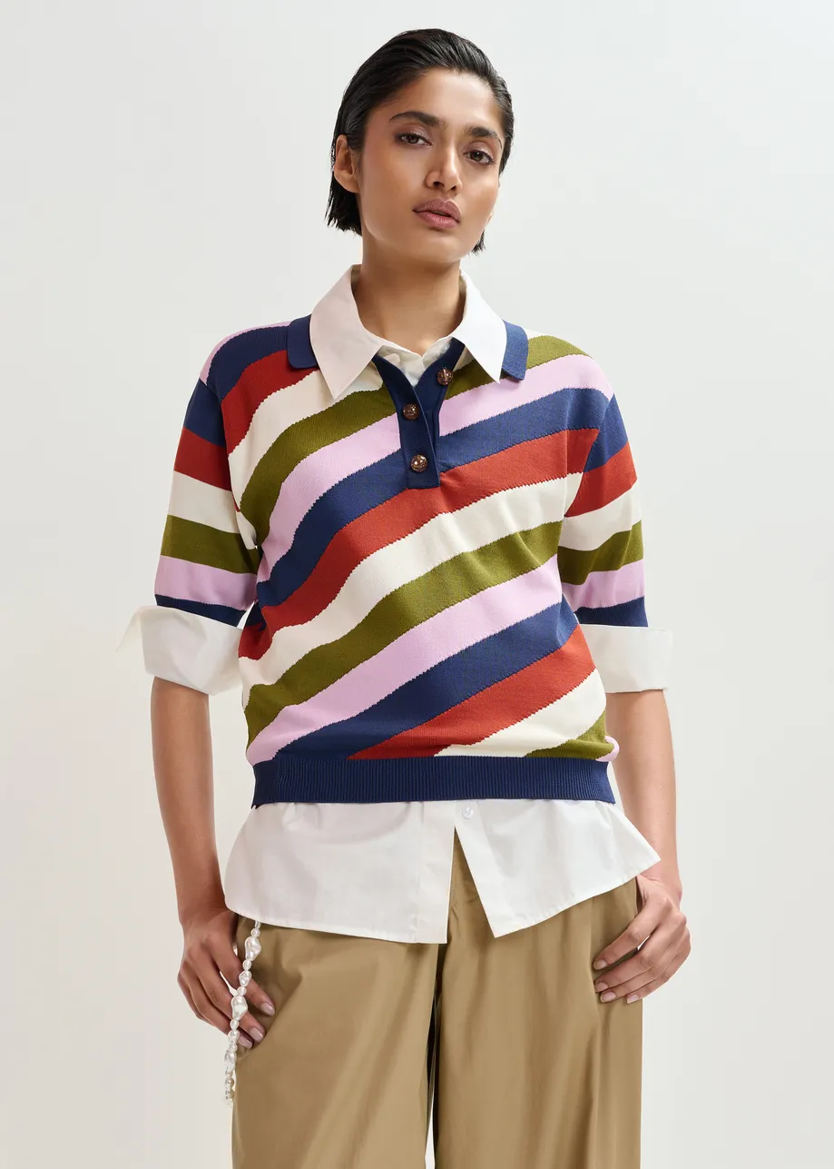 Gestreiftes Strick-Polohemd in Marineblau und Mehrfarbig mit Knopfleiste