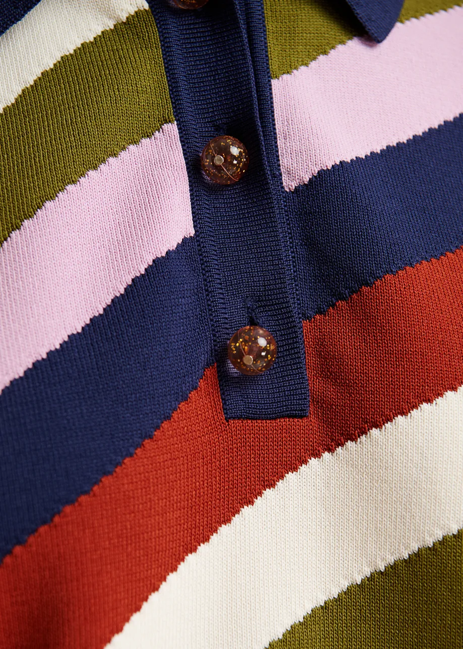 Gestreiftes Strick-Polohemd in Marineblau und Mehrfarbig mit Knopfleiste
