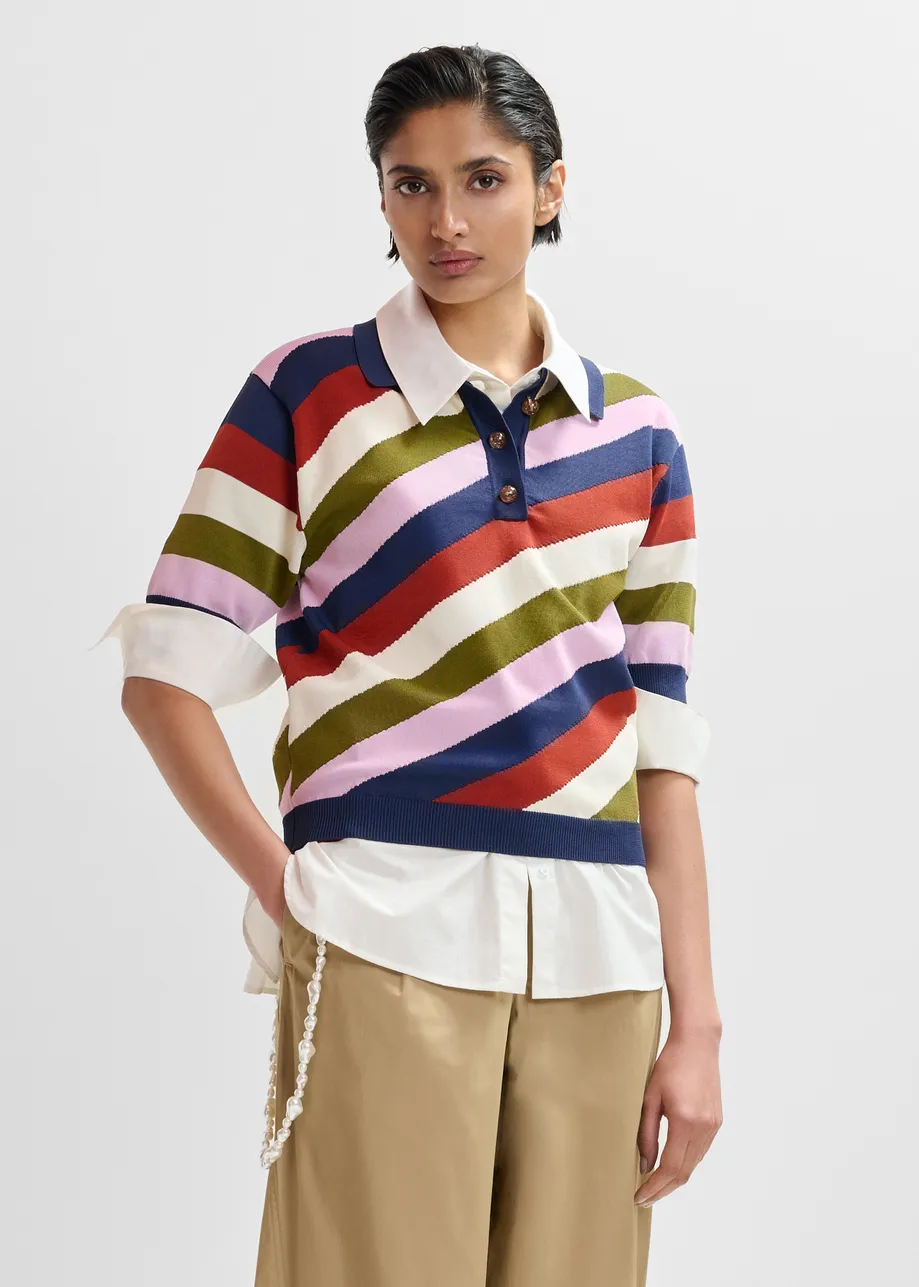 Navy and multicolor striped knit polo with constrasting buttons