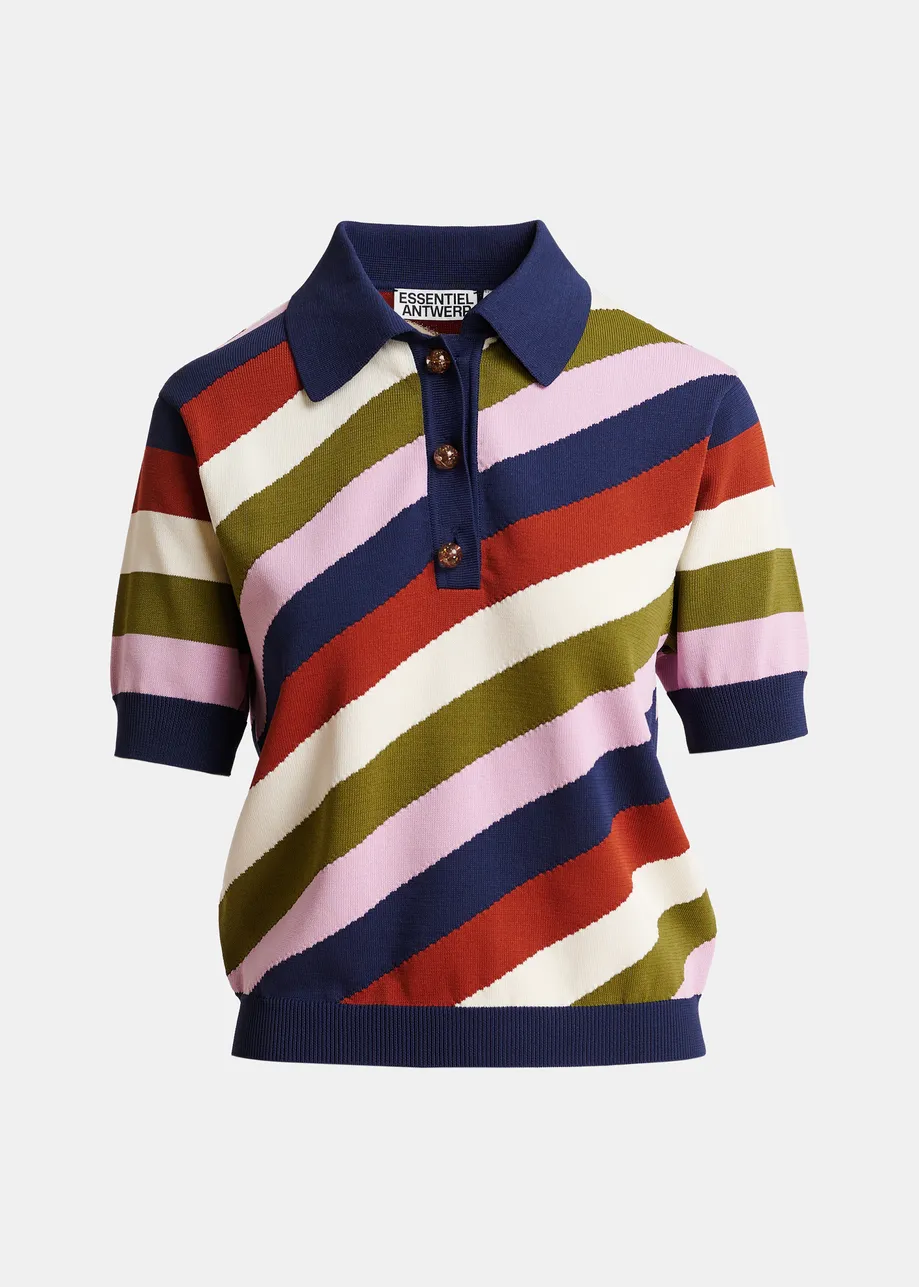 Navy and multicolor striped knit polo with constrasting buttons