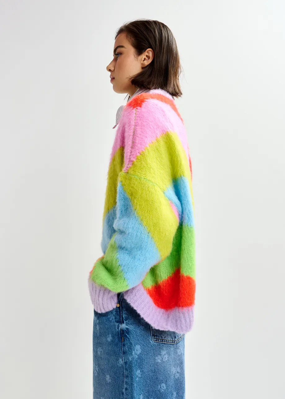 Veelkleurig gestreepte trui met intarsiamotief