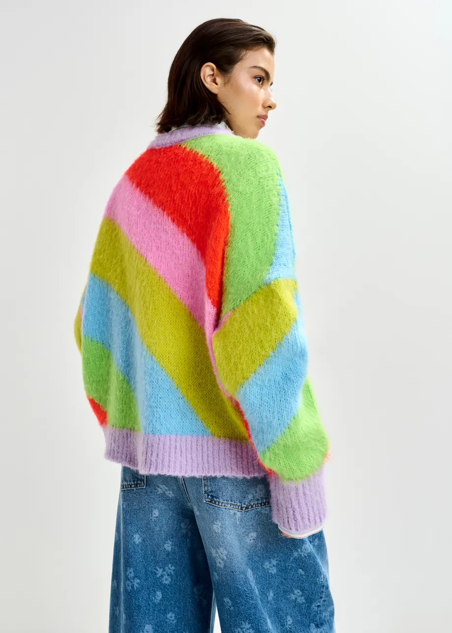 Veelkleurig gestreepte trui met intarsiamotief