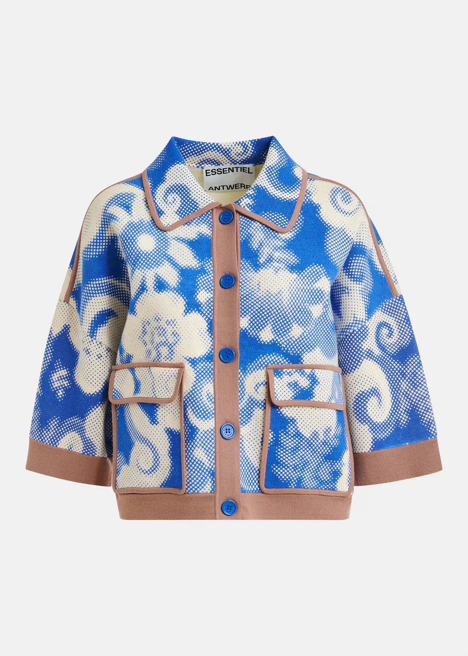 Blue and off-white floral-print knit cardigan with brown contrasting trims