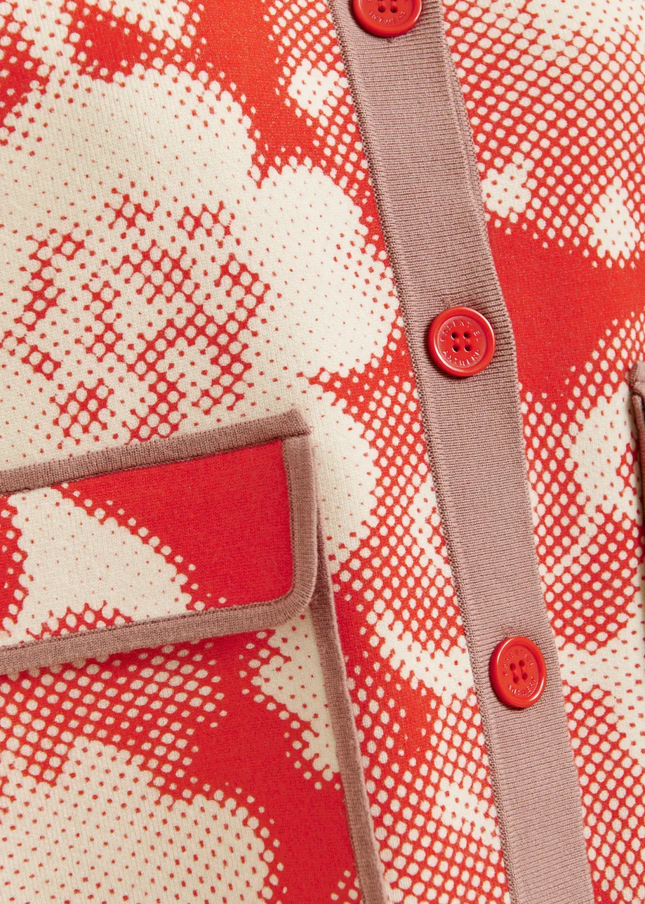 Rode en witte cardigan met bloemenprint en bruine contrastboorden