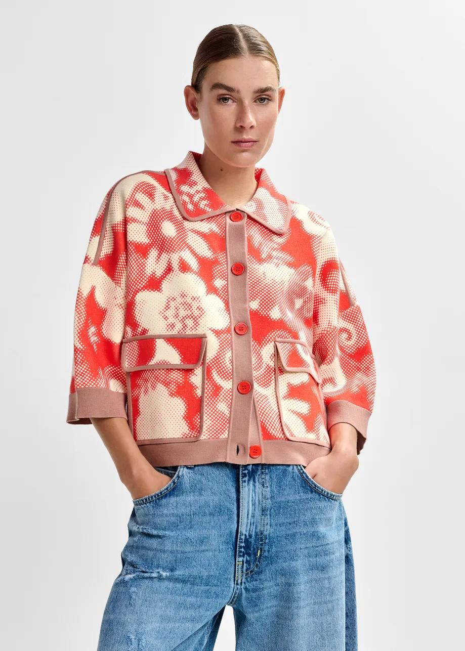 Red and off-white floral-print knit cardigan with brown contrasting trims