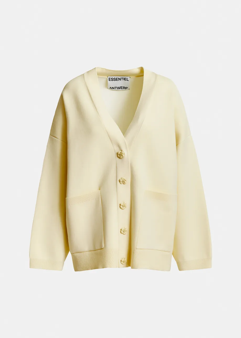 Off-white knit cardigan with tonal flower buttons