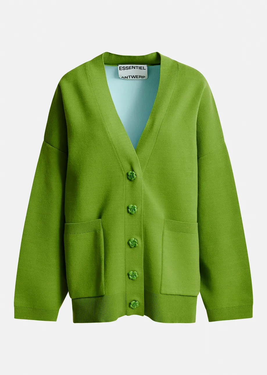 Green knit cardigan with tonal flower buttons