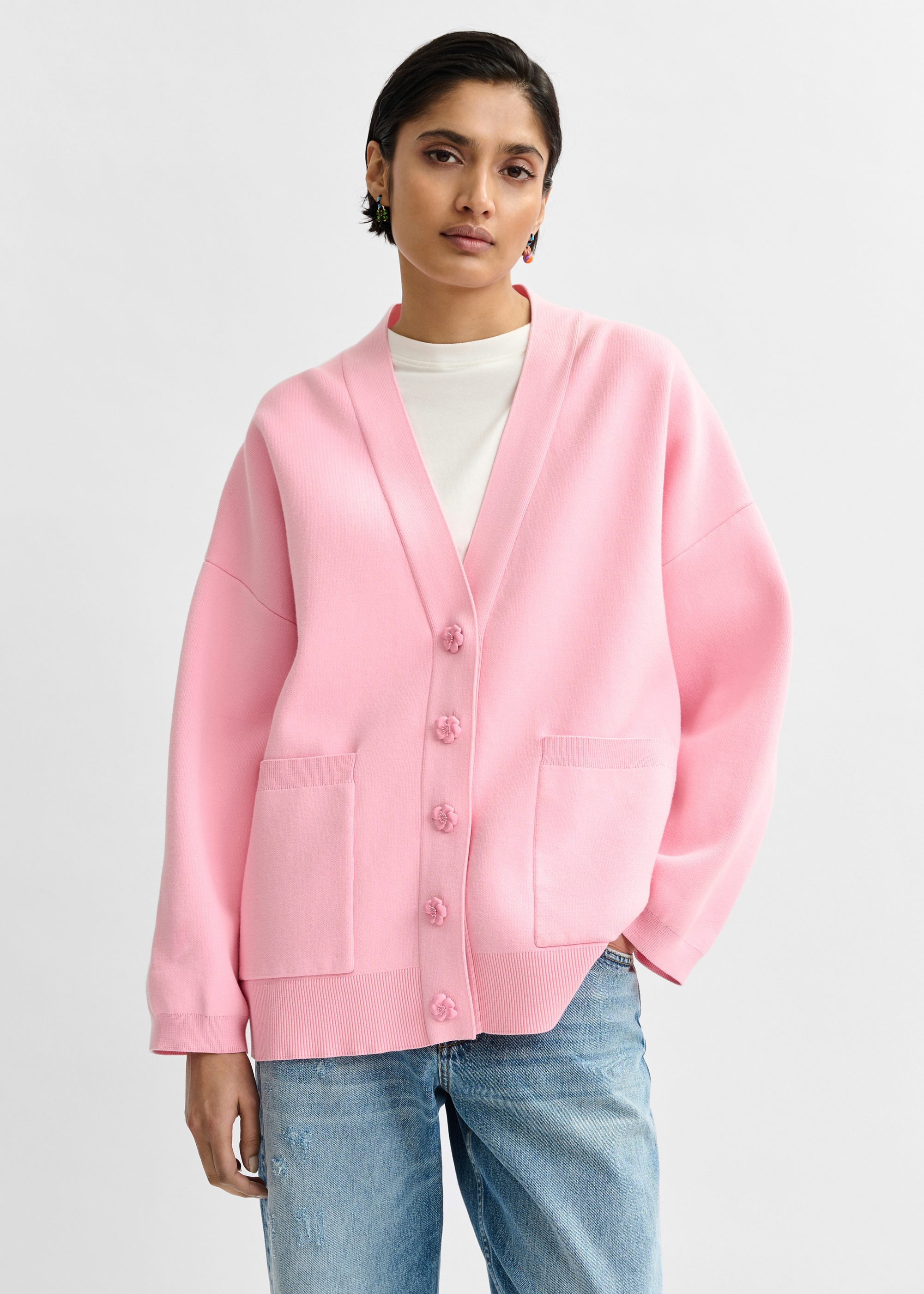 epine é button spring cardigan baby pink Chunky Knit Oversized Cardigan in Apple Blossom