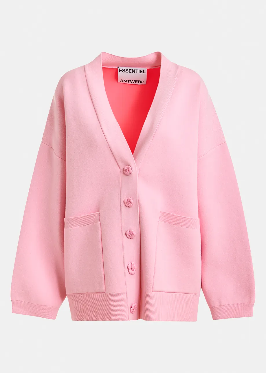 Roze cardigan met bloemknopen