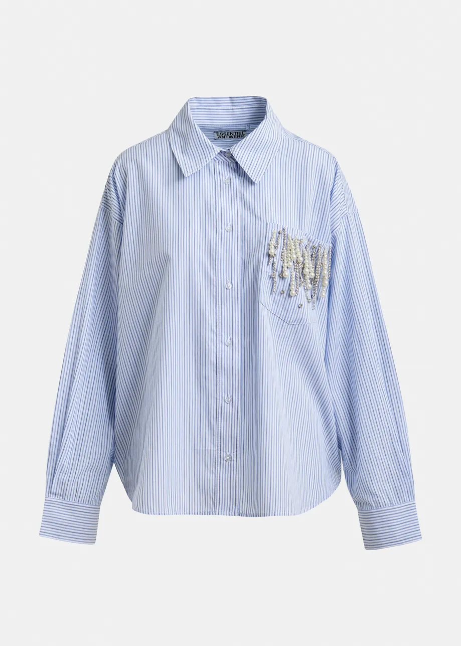 Blue oversized striped embellished cotton shirt