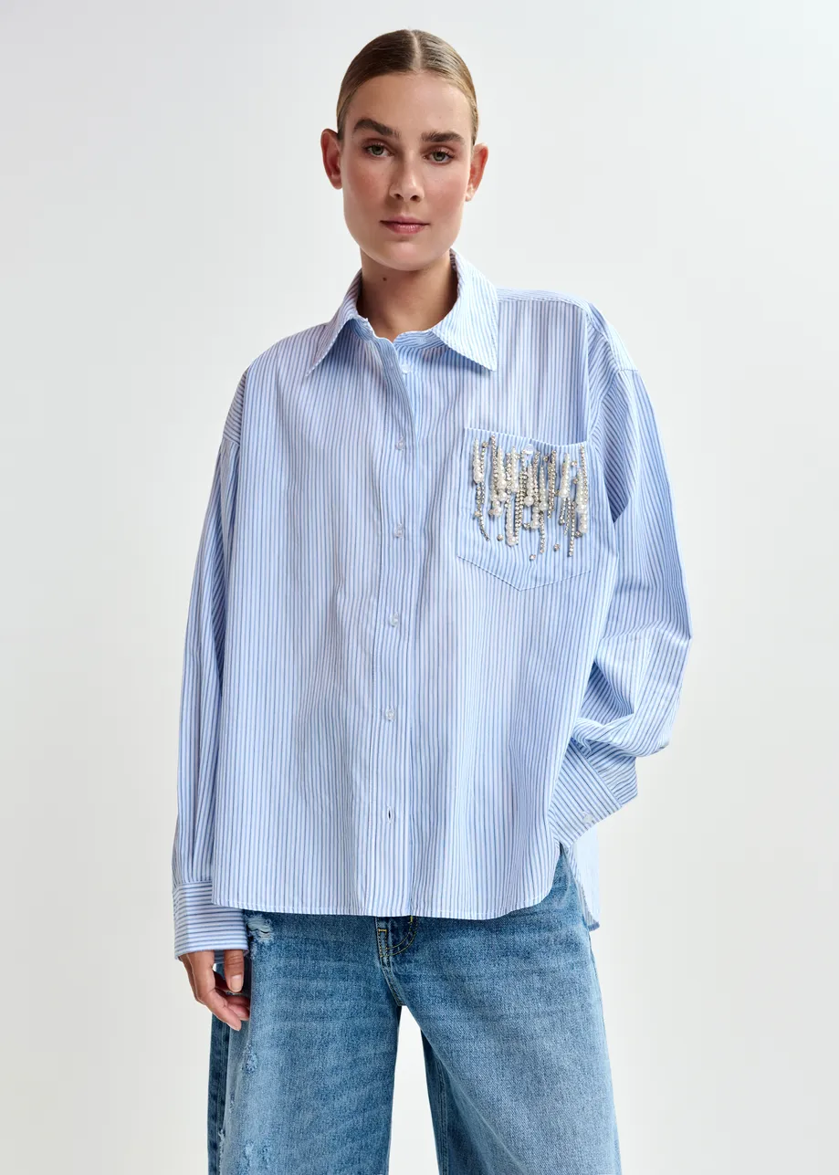 Blue oversized striped embellished cotton shirt