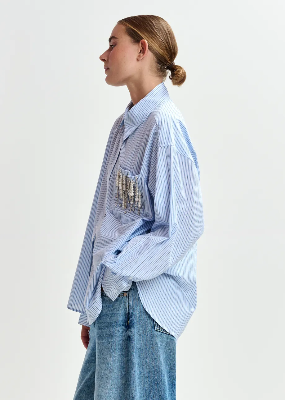Blue oversized striped embellished cotton shirt