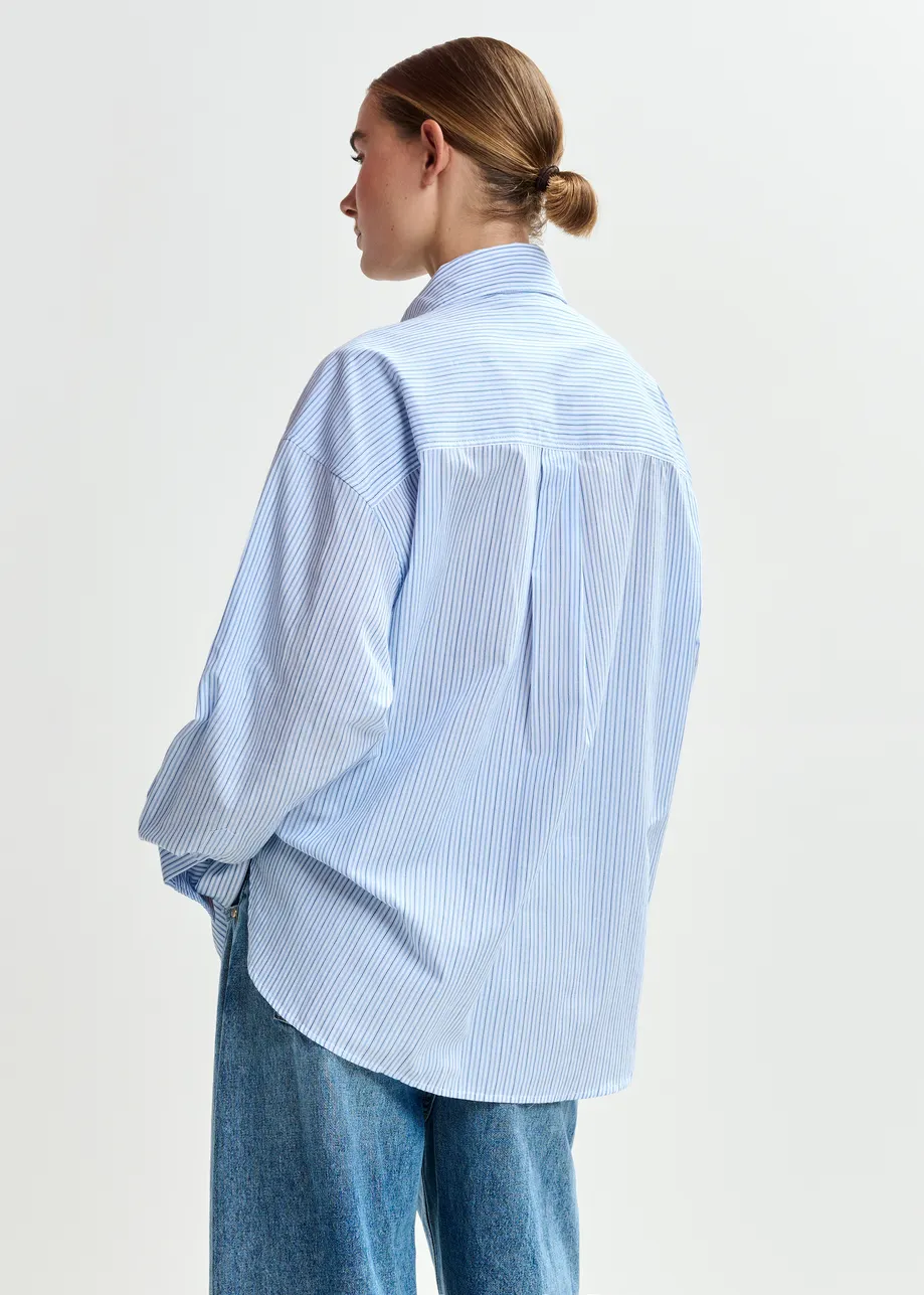 Blue oversized striped embellished cotton shirt