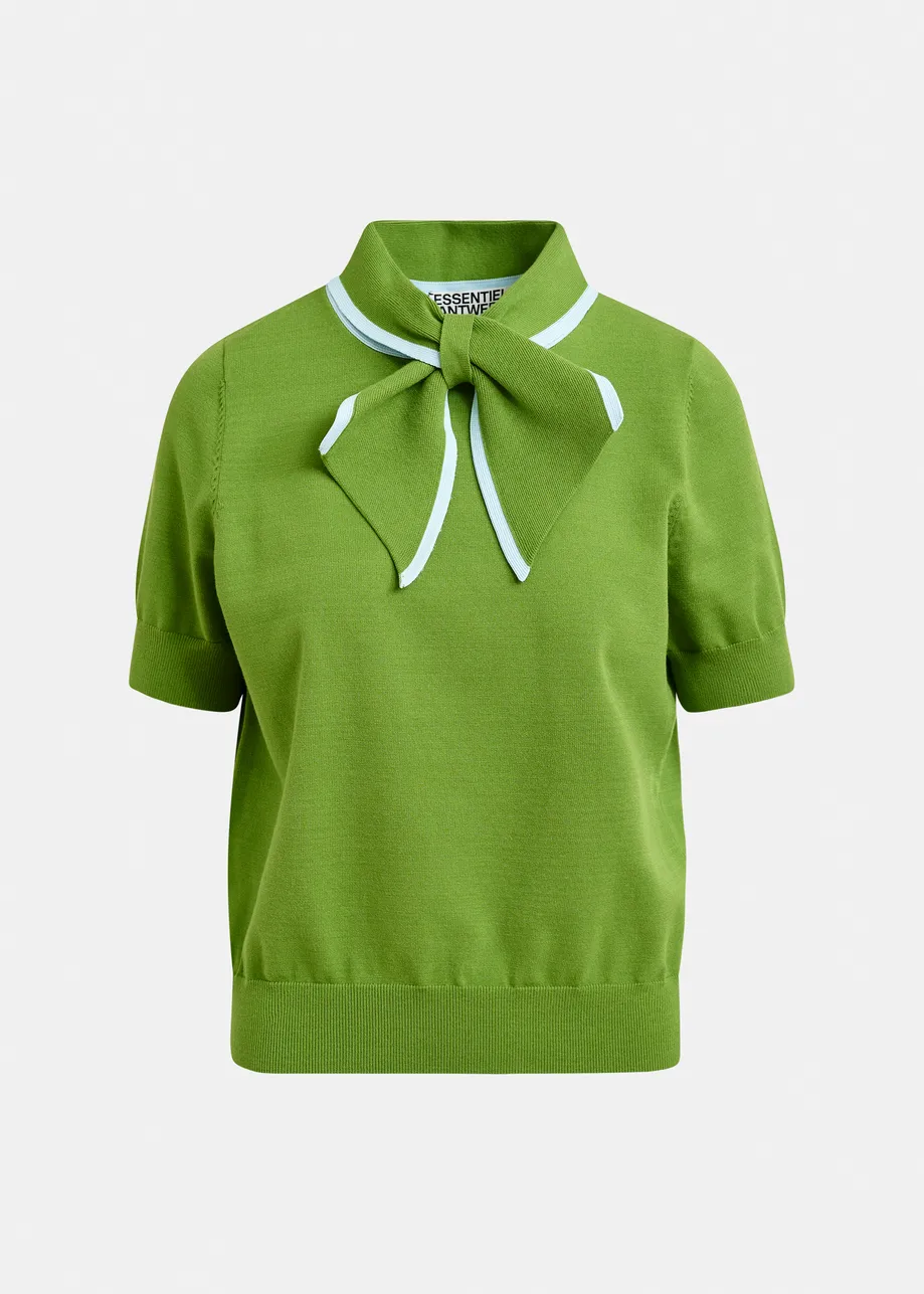 Green fine-knit polo with light blue scarf-like contrast collar