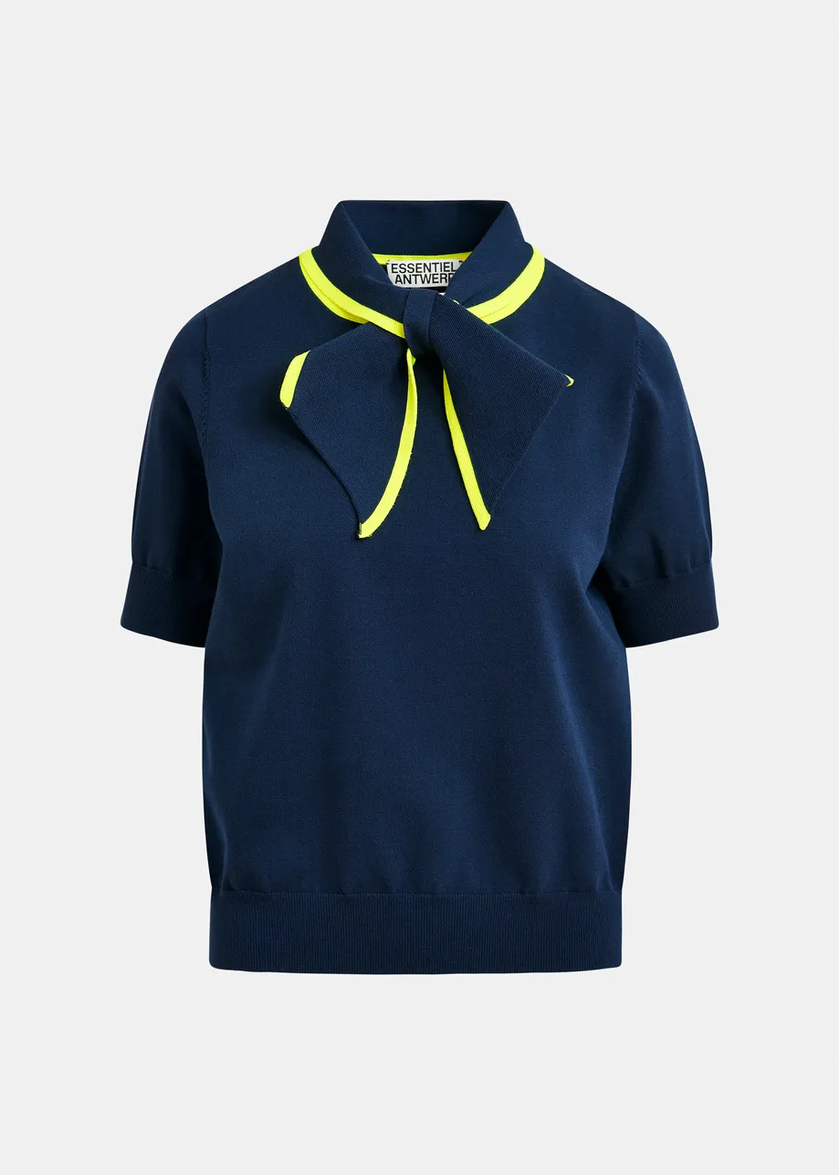 Navy fine-knit polo with bright yellow scarf-like contrast collar