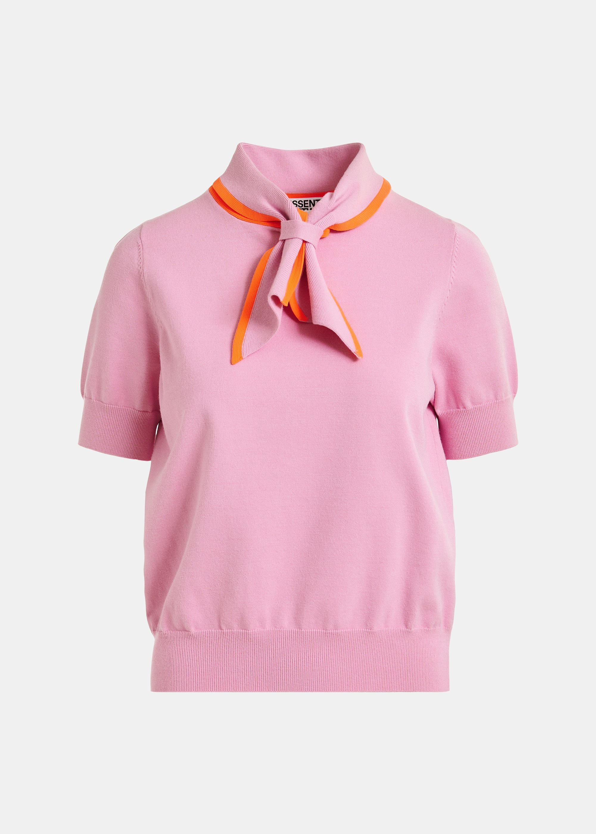 Pink fine-knit polo with orange scarf-like contrast collar
