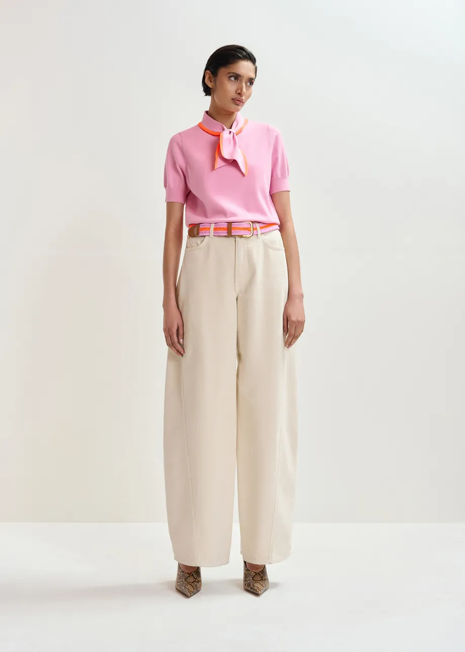 Roze fijngebreide polo met oranje sjaalkraag