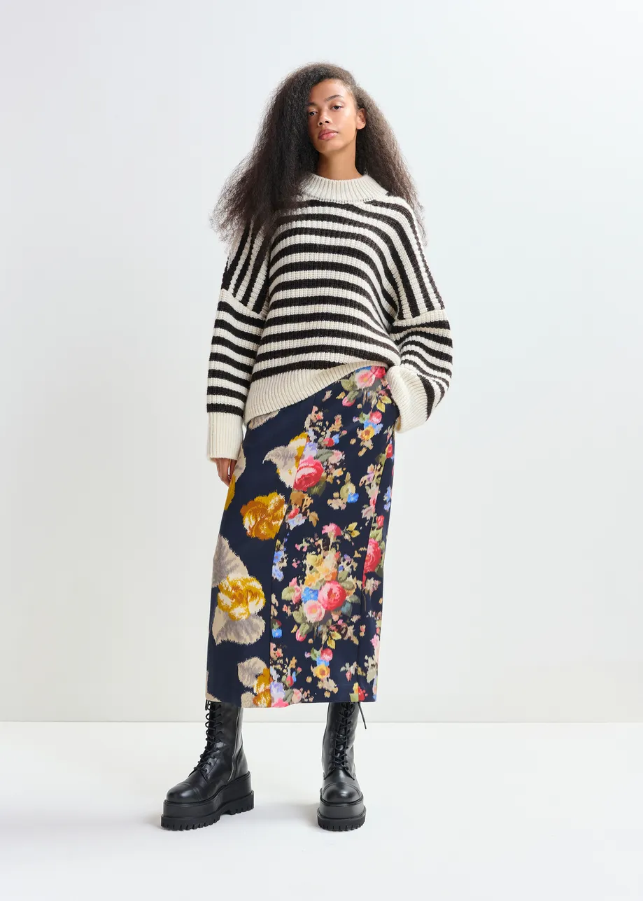 Navy and multicolor dual floral print maxi skirt