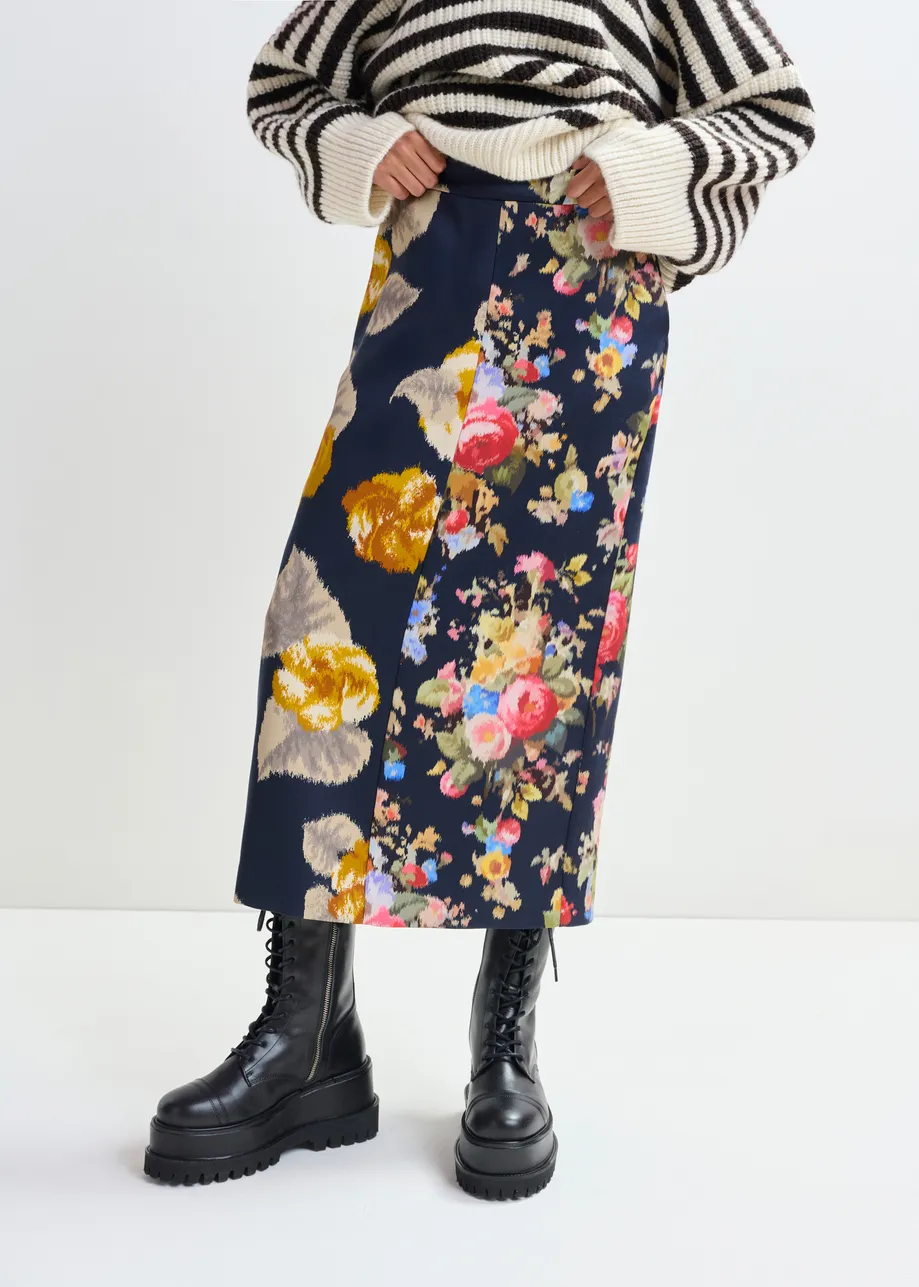 Navy and multicolor dual floral print maxi skirt