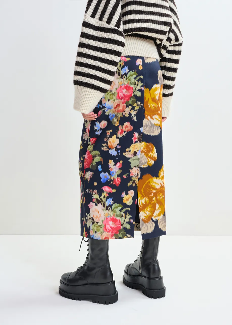 Navy and multicolor dual floral print maxi skirt