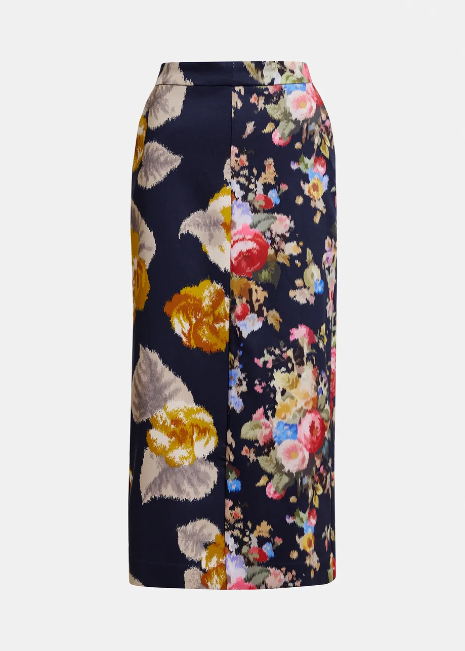 Navy and multicolor dual floral print maxi skirt