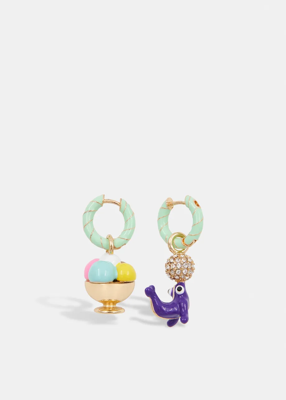 Turquoise  and gold hoop earrings with ice cream and sea lion pendants
