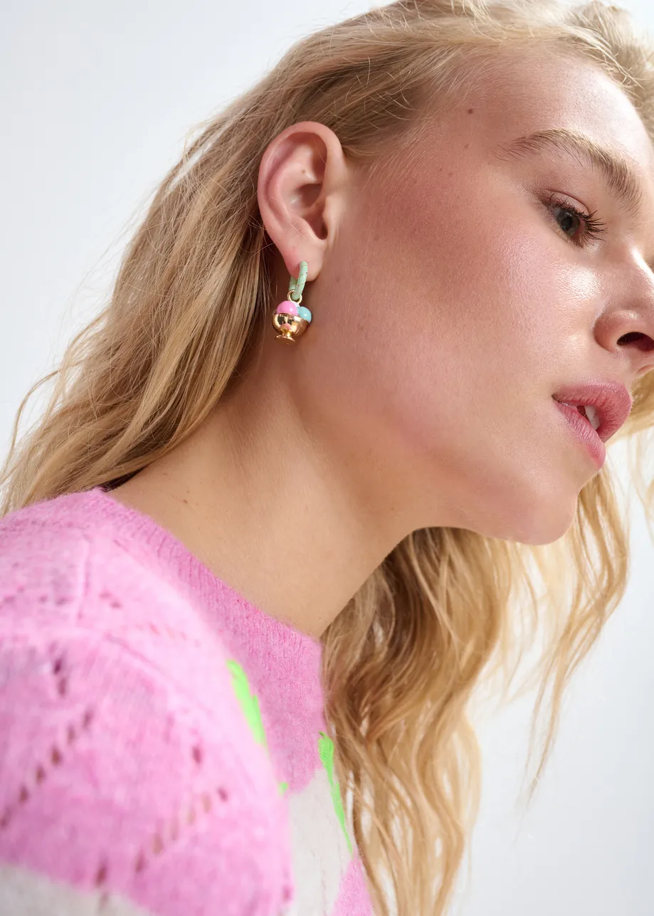 Turquoise  and gold hoop earrings with ice cream and sea lion pendants