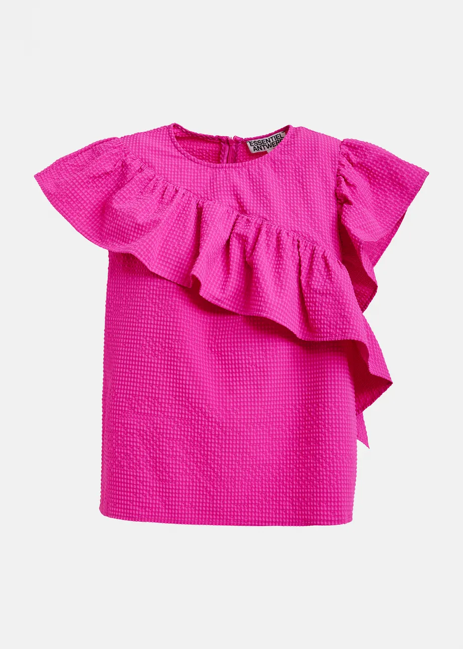 Pink asymmetrical top with ruffle details