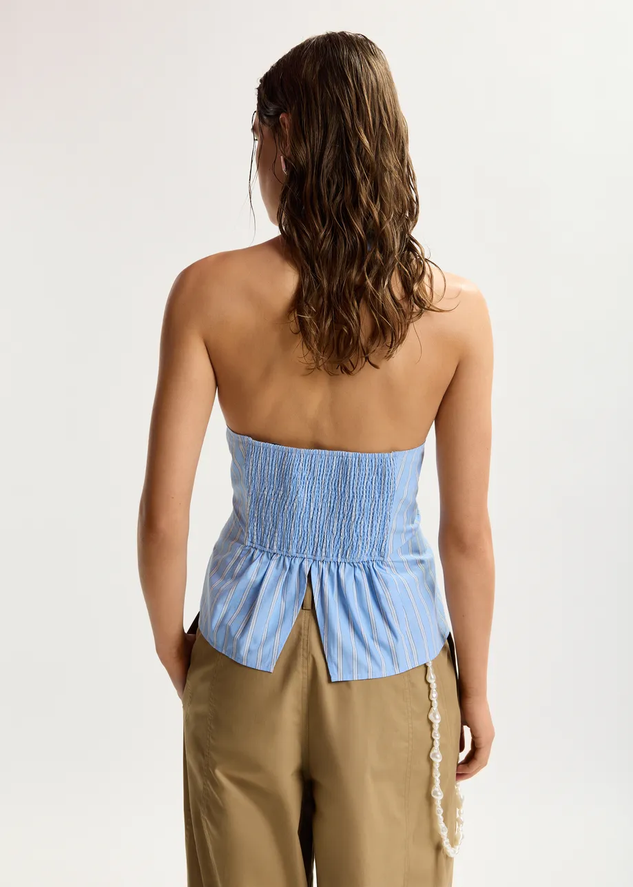 Maglia in cotone con scollo all'americana a righe bianche e azzurre e dettaglio a cravatta