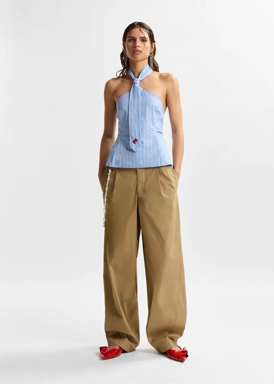 Light blue and white striped halterneck cotton top with tie detail