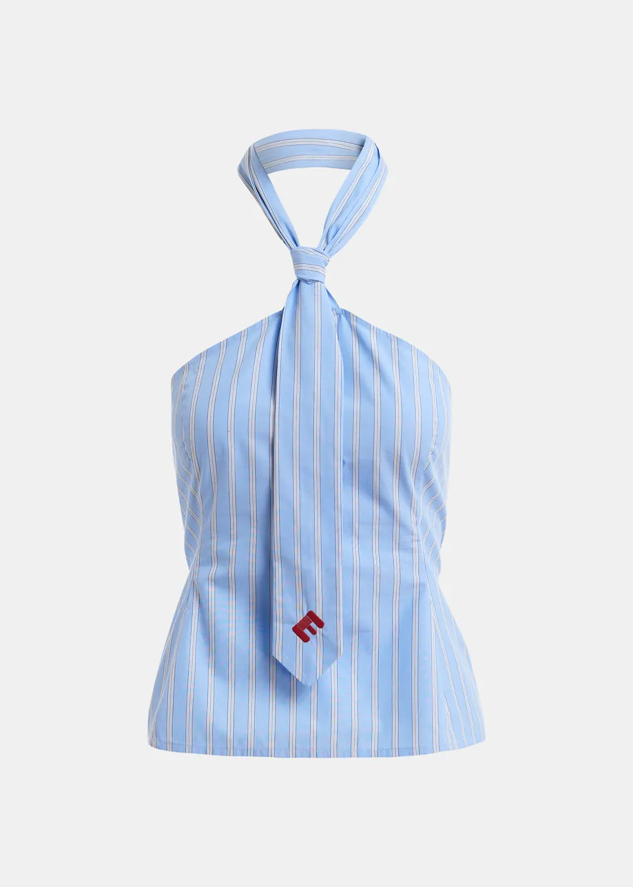 Hellblau und weiß gestreiftes Neckholder-Oberteil aus Baumwolle mit Bindeband