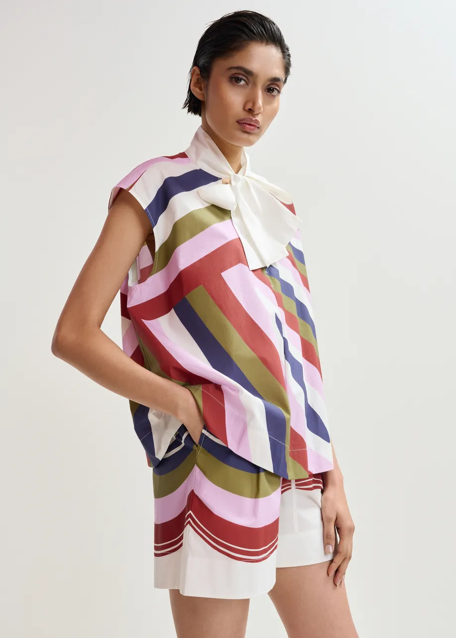 Top lavallière graphique sans manches blanc cassé et multicolore