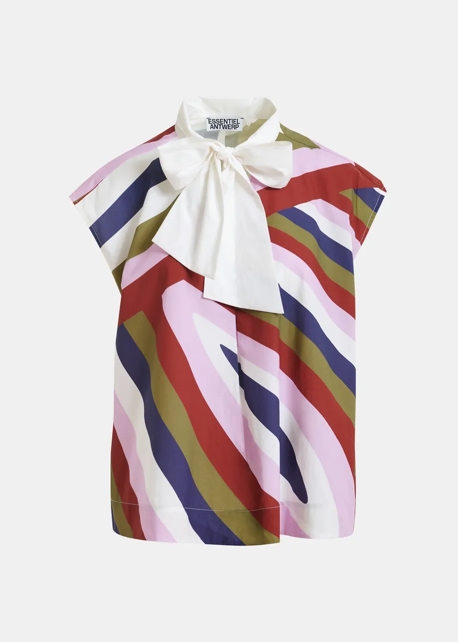 Maglia senza maniche con grafica multicolor in bianco ottico e scollo a fiocco