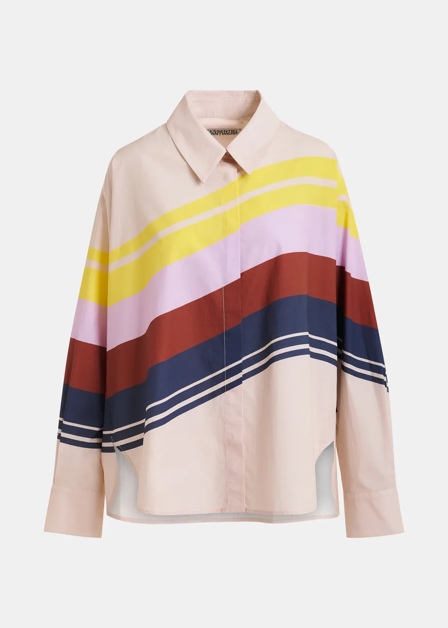 Camicia oversize in cotone color crema e multicolor con stampa a righe piazzata